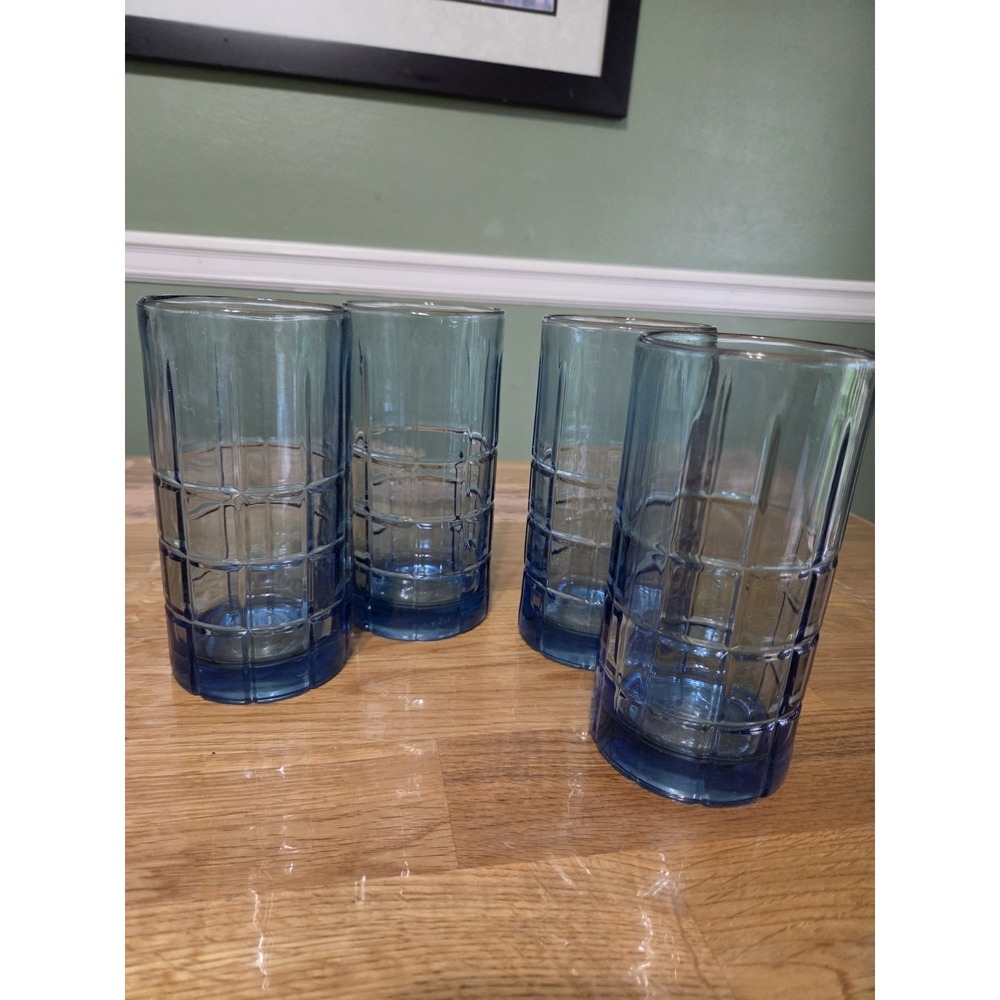4 Vintage Anchor Hocking Tatan Blue Ice Tea Water Glass Tumblers 16 oz
